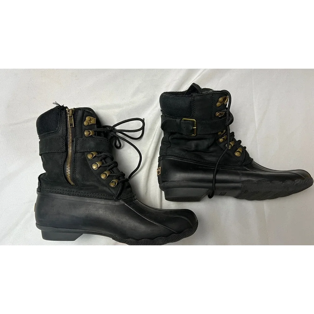 Sperry Saltwater Black Waterproof Duck Boots Women 9.5 STS83220 Side Zip Leather